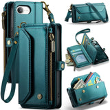 Apple iPhone 16e CaseMe C36 Wallet 7 Card Slots Cash Pocket Zipped Coin Wallet - Blue - CaseMe