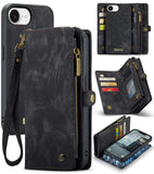 Apple iPhone 16e CaseMe 008 2-In-1 Wallet with Detachable Cover 8 Card Slots + Zip Pocket - Black - CaseMe