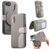 Apple iPhone 16e Twill Fabric Mag Ring RFID Zipper Wallet Phone Case - Grey - CaseMe
