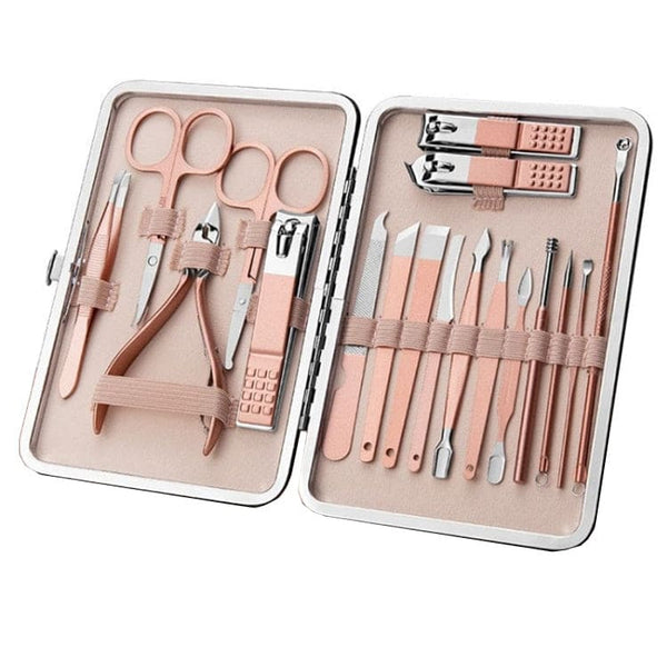 18 Piece Stainless Steel Nail Care Set Nail Clippers Deluxe Case Rose Gold Colour - Nail Care Noco