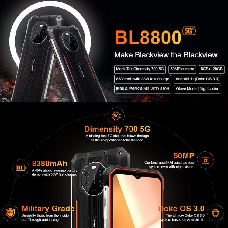 Blackview BL8800 5G Rugged 8GB+128GB 50MP Camera. 20MP IR Nightvision  6.58in FHD+ Screen Dimensity – NOCO