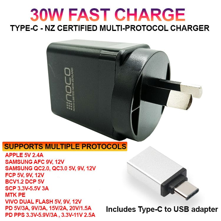 NOCO 30W Multi-Protocol USB Fast Charger NZ Approved 5V/9V/12V Fast  Charging 3A Max Adapter