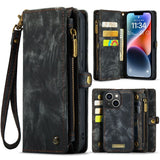 Apple iPhone 15 CaseMe 008 2-In-1 Wallet with Detachable Cover 8 Card Slots + Zip Pocket - Black - Cover CaseMe
