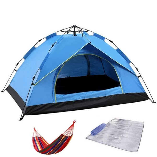 3 Piece 3-4 Person Insta-Build Tent Hammock Tent Mat 210T Waterproofing UV Resistant - Blue - Outdoors NOCO