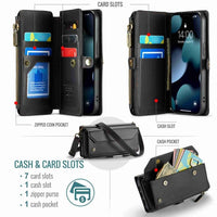 Apple iPhone 15 Pro CaseMe C36 Wallet 7 Card Slots Cash Pocket Zipped Coin Wallet - Black - CaseMe