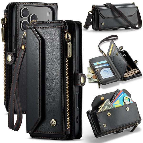 Apple iPhone 17 Pro CaseMe C36 Wallet 7 Card Slots Cash Pocket Zipped Coin Wallet - Black - CaseMe