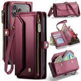 Apple iPhone 17 Pro CaseMe C36 Wallet 7 Card Slots Cash Pocket Zipped Coin Wallet - Red - CaseMe