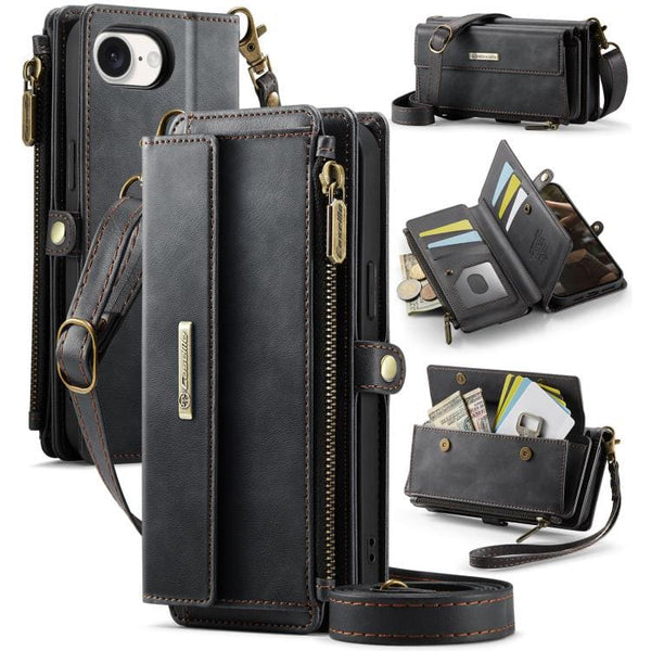 Apple iPhone 16e CaseMe C39 Wallet RFID Protection 9 Card Slots Cash Pocket Zipped Coin Wallet Black CaseMe