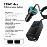 ESSAGER F789 135W Max Rear-Seat Car 6-Port Charger with 70cm Retractable Cables - Essager