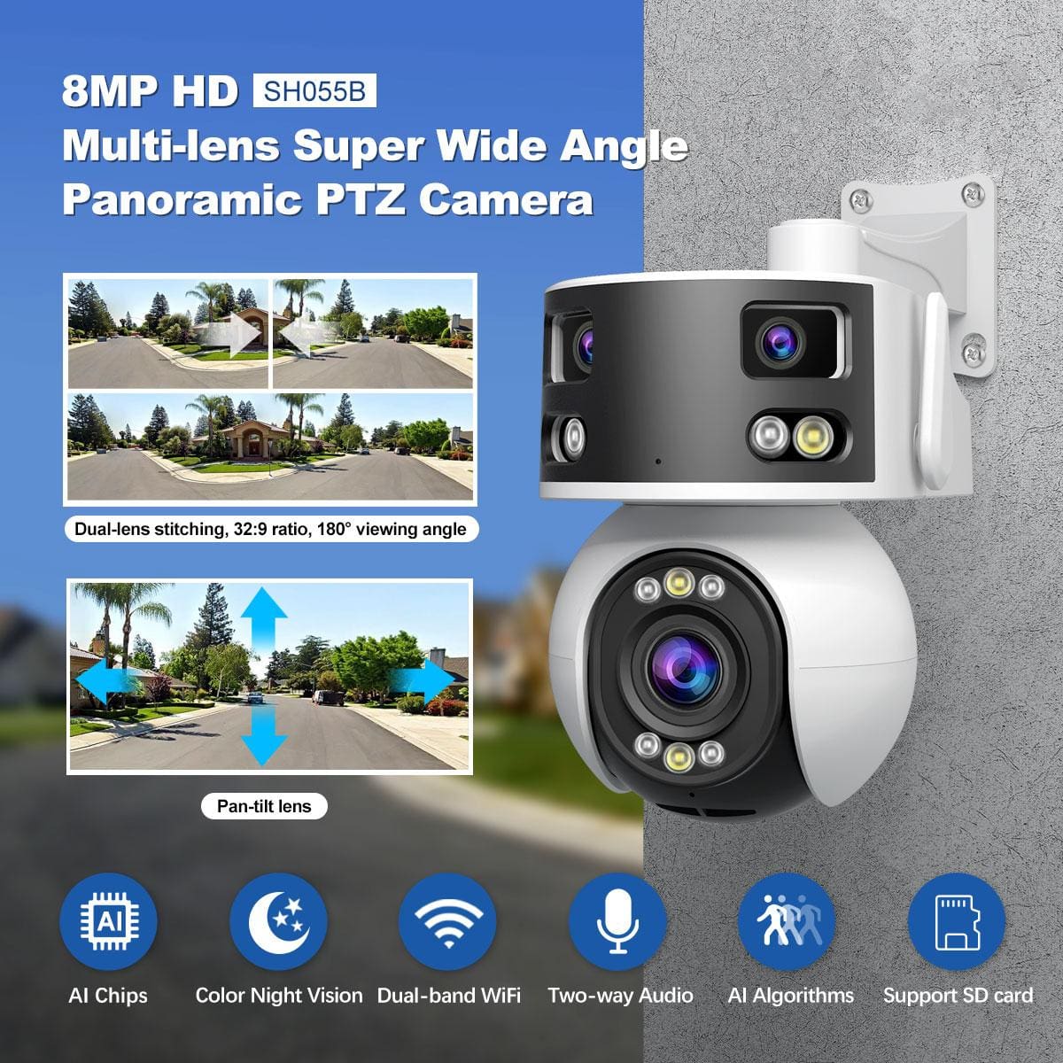 SriHome SH055B 4MP + 2MP + 2MP Wi-Fi Tri-Lens Pan/Tilt Security Camera ...