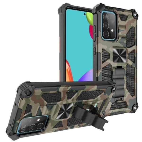 Shockproof Camo Folding Stand Rugged Cover Fold Away Stand - For Samsung Galaxy A72 4G/5G - Camo Green - acc Noco