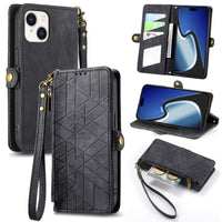 Apple iPhone 15 Geometric Flip Wallet Card Slots Zipped coin Pocket - Black - Cover Noco