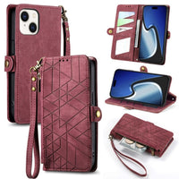 Apple iPhone 15 Geometric Flip Wallet Card Slots Zipped coin Pocket - Red - Cover Noco