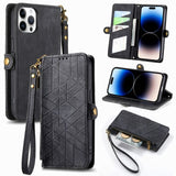Apple iPhone 15 Pro Geometric Flip Wallet Card Slots Zipped coin Pocket - Black - Cover Noco