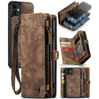 Apple iPhone 11 CaseMe 008 2-In-1 10 Card Zip Wallet with Detachable Phone Cover Suede Leather - Brown - CaseMe