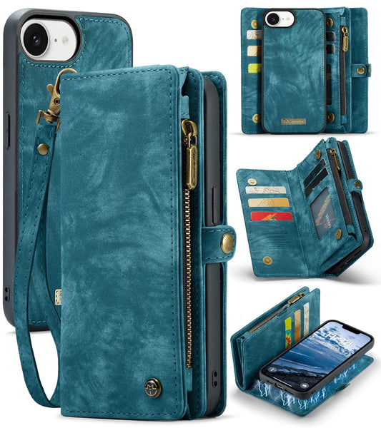 Apple iPhone 16e CaseMe 008 2-In-1 Wallet with Detachable Cover 8 Card Slots + Zip Pocket - Blue - CaseMe