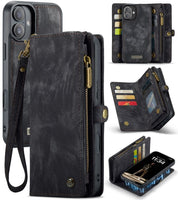 Apple iPhone 16 CaseMe 008 2-In-1 Wallet with Detachable Cover 8 Card Slots + Zip Pocket - Black - CaseMe