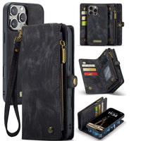 Apple iPhone 16 Pro CaseMe 008 2-In-1 Wallet with Detachable Cover 8 Card Slots + Zip Pocket - Black - CaseMe