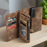 Samsung Galaxy S21 FE 5G CaseMe 008 2-In-1 Wallet with Detachable Cover 8 Card Slots + Zip Pocket - Brown - CaseMe