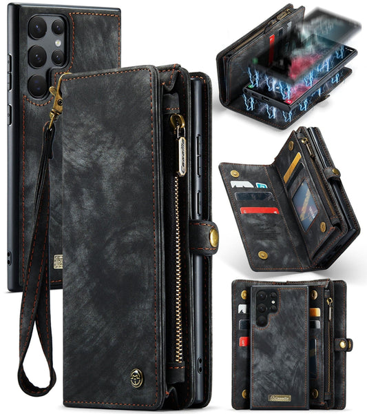 Samsung Galaxy S22 ULTRA CaseMe 008 2-In-1 Wallet with Detachable Cover 8 Card Slots + Zip Pocket - Black - CaseMe
