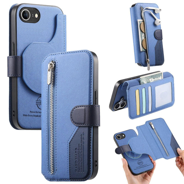 Apple iPhone 16e Twill Fabric Mag Ring RFID Zipper Wallet Phone Case - Blue - CaseMe