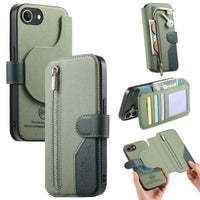 Apple iPhone 16e Twill Fabric Mag Ring RFID Zipper Wallet Phone Case - Green - CaseMe