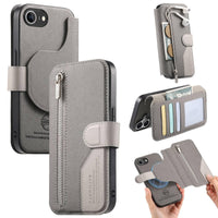 Apple iPhone 16e Twill Fabric Mag Ring RFID Zipper Wallet Phone Case - Grey - CaseMe