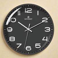 MoveBest 12’’ Wall Clock Silent Mechanism Large Number - Black Face with Black Frame - Noco