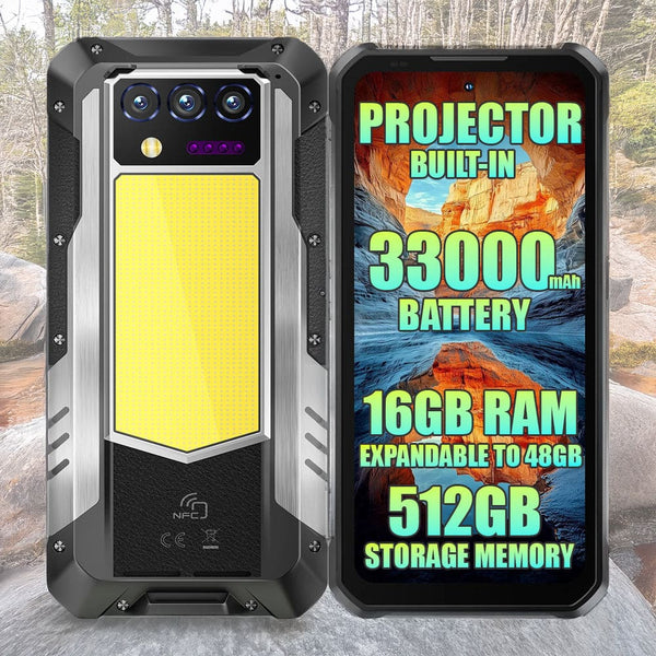 Oukitel WP100 Titan 5G Rugged Projector Phone 33000mAh Battery 16GB RAM + 512GB Camping Light - Black - Oukitel