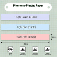 [9 PACK] Phomemo 15mm Thermal Coloured Label Paper Roll 3.5m Pink/Blue/Purple - Gaming Phomemo