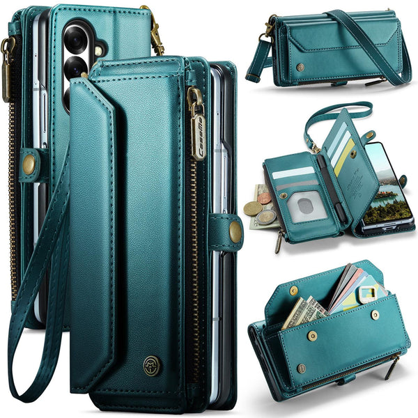 Samsung Galaxy Z Fold 7 CaseMe C36 Wallet 7 Card Slots Cash Pocket Zipped Coin Wallet Blue CaseMe