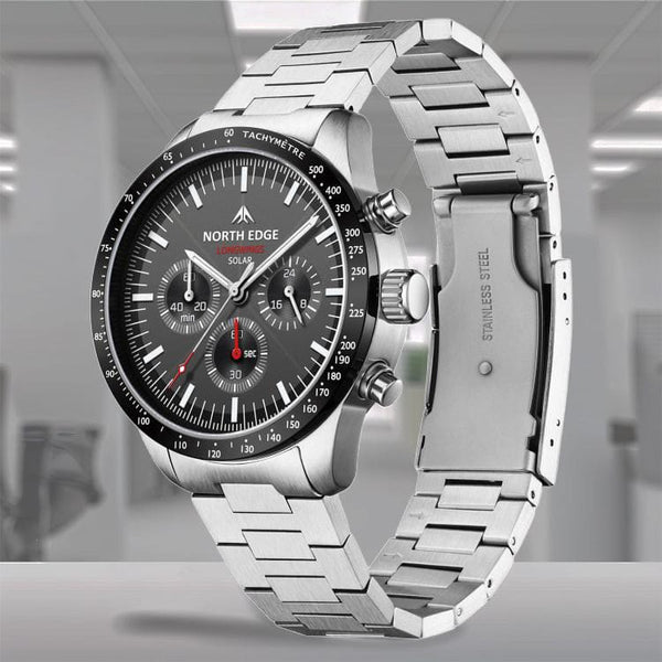NORTH EDGE LONGWINGS Solar Charging Sports Watch | 50M Water-Resistant | Men’s Stainless Steel - North Edge
