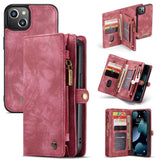 Apple iPhone 13 Mini CaseMe 008 2-In-1 10 Card Zip Wallet with Detachable Phone Cover Suede Leather - Red - Cover CaseMe