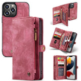 Apple iPhone 13 Pro CaseMe 008 2-In-1 10 Card Zip Wallet with Detachable Phone Cover Suede Leather - Red - Cover CaseMe