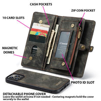 Apple iPhone 13 Pro CaseMe 008 2-In-1 10 Card Zip Wallet with Detachable Phone Cover Suede Leather - Cover CaseMe