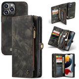 Apple iPhone 13 Pro CaseMe 008 2-In-1 10 Card Zip Wallet with Detachable Phone Cover Suede Leather - Black - Cover CaseMe