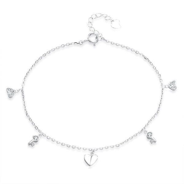V Jewellery - S925 Heart and Key Sterling Silver Anklet - Jewelry Noco