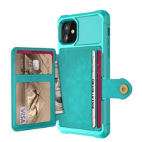Shockproof TPU Raised Bezel Cover with Wallet Card Holder/Stand Dome Clasp for Apple iPhone 11 - Cyan - Cover Noco