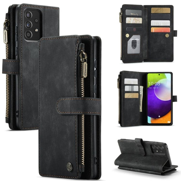 CaseMe C30 Multifunction Wallet Zip Pocket 7 Card Slots for Samsung Galaxy A52 5G / A52S 5G / A52 4G - Black - Cover CaseMe