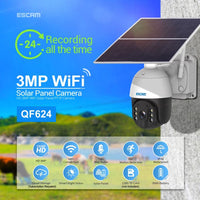 ESCAM QF624 WI-FI 3MP SOLAR POWERED 24/7 Pan/Tilt Outdoor Security Camera App Control, - security ESCam