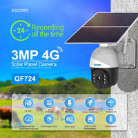 ESCAM QF724 4G MOBILE 3MP SOLAR POWERED 24/7 Pan/Tilt Outdoor Security Camera App Control, - security ESCam