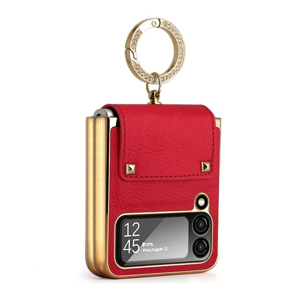 Samsung Galaxy Z Flip 4 - GKK Rigid Protective Cover Leather Texture Ring/Clip Electroplated Gold - Red - Cover Noco