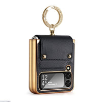 Samsung Galaxy Z Flip 4 - GKK Rigid Protective Cover Leather Texture Ring/Clip Electroplated Gold - Black - Cover Noco