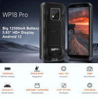 Oukitel WP18 Pro 4G Rugged Phone Huge 12500mA Battery 4GB RAM + 64GB 5.93in HD + Display Android 12 - Oukitel