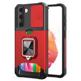 Rugged Protective Cover Sliding Camera Cover Metal Ring/Stand Card Slot for Samsung Galaxy S21+ - Red - Cover Noco