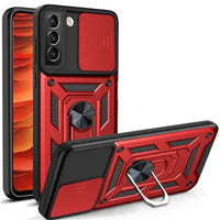 Rugged Protective Cover Sliding Camera Cover Metal Ring/Stand for Samsung Galaxy S22 5G - Red - acc Noco