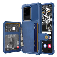 Shockproof TPU Raised Bezel Cover with Wallet Card Holder/Stand Dome Clasp for Samsung Galaxy S20 Ultra - Blue - Cover Noco