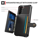 Shockproof TPU Raised Bezel Cover with Wallet Card Holder/Stand Dome Clasp for Samsung Galaxy S21 FE - Black - Cover Noco