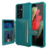 Shockproof TPU Raised Bezel Cover with Wallet Card Holder/Stand Dome Clasp for Samsung Galaxy S21 Ultra 5G - Cyan - Cover Noco