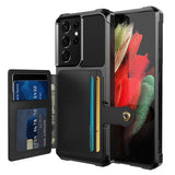 Shockproof TPU Raised Bezel Cover with Wallet Card Holder/Stand Dome Clasp for Samsung Galaxy S21 Ultra 5G - Black - Cover Noco